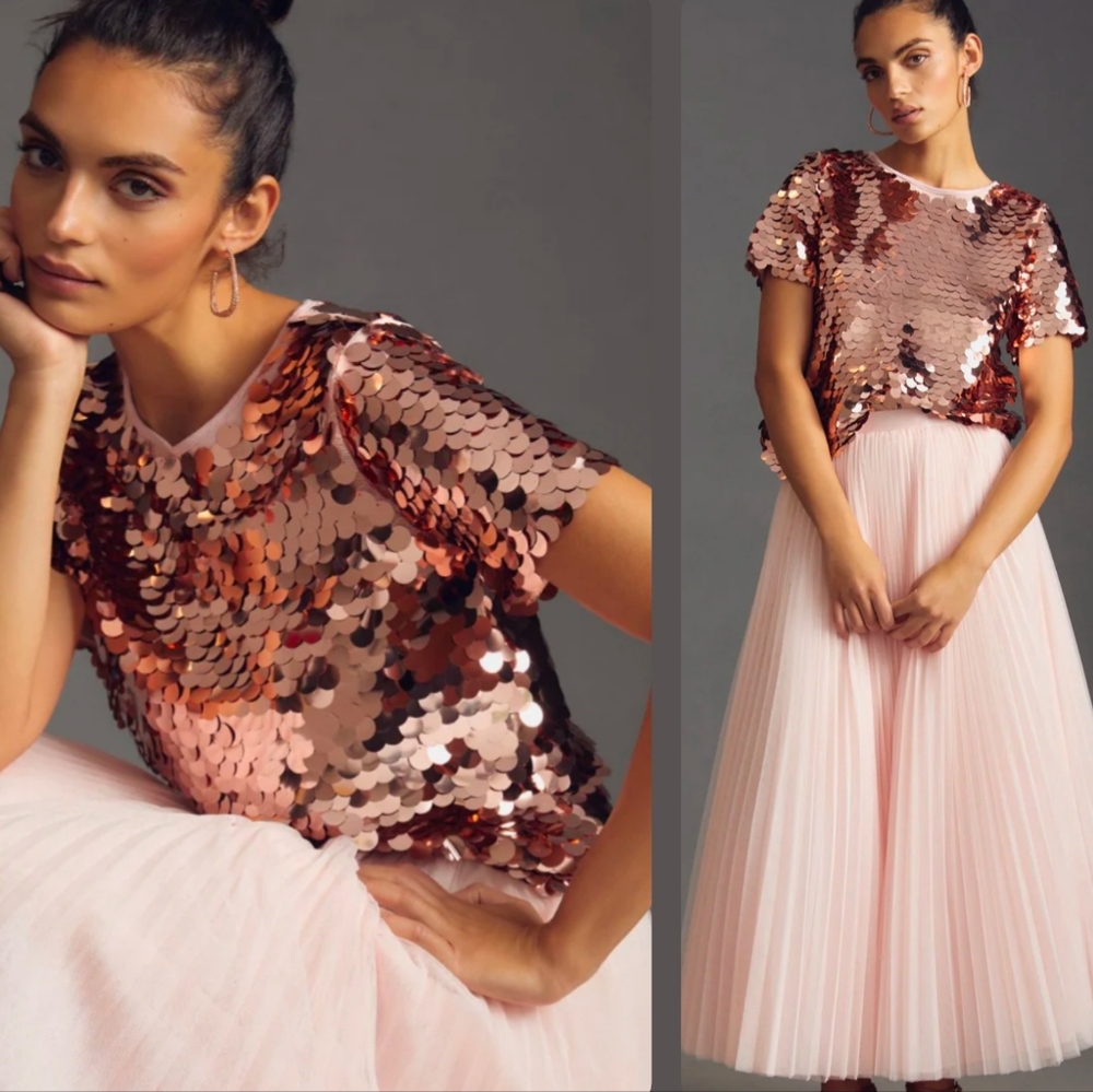 NWT Eva Franco Anthropologie Pink Champagne Sequins Short Sleeve Top Large